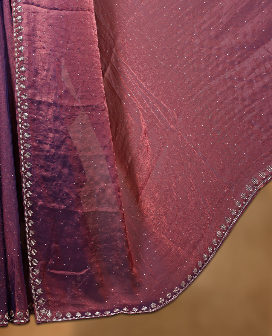 Onion and dark blue double shade colour chiffon designer saree, featuring white stone all over on body, heavy stone patttern on border and  pallu, Paired with matching blouse.