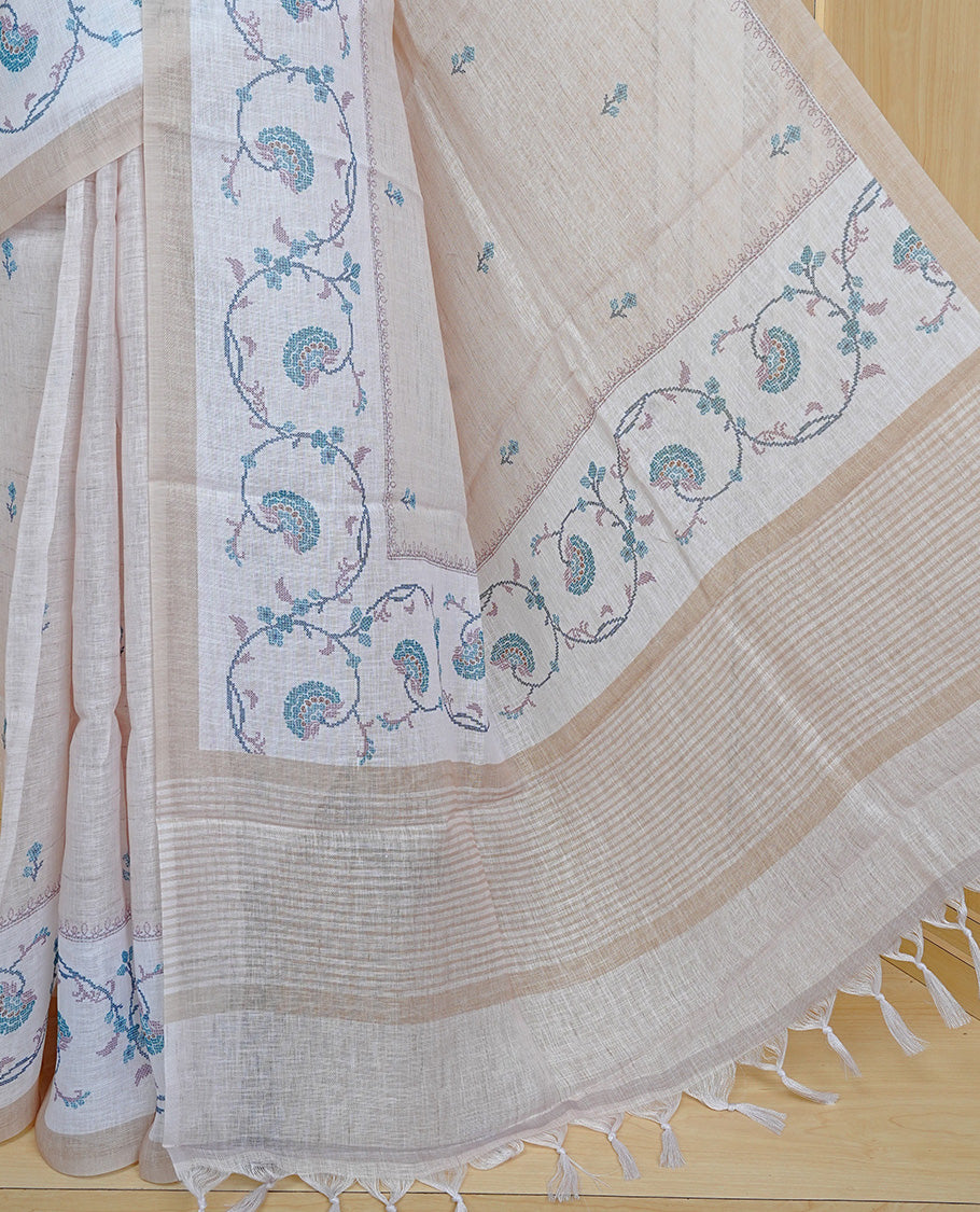 Beige colour semi linen saree featuring floral print on body, complemented by contrast Light gold colour with Design print border, comes with matching blouse piece.