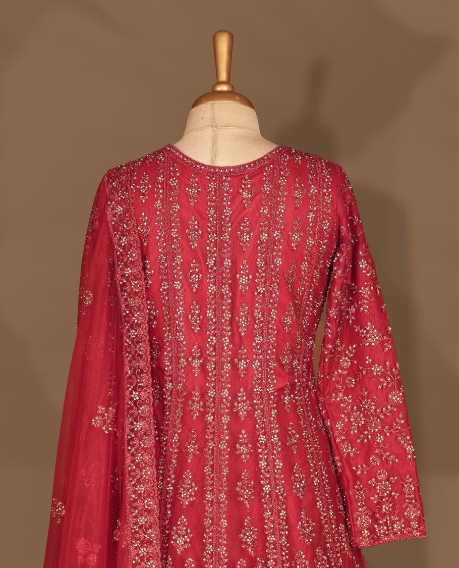 Deep red colour fully embroidered stitched gown set with V‑neckline, full sleeves, all‑over sequin and bead floral work, and matching net dupatta with heavily embellished border.