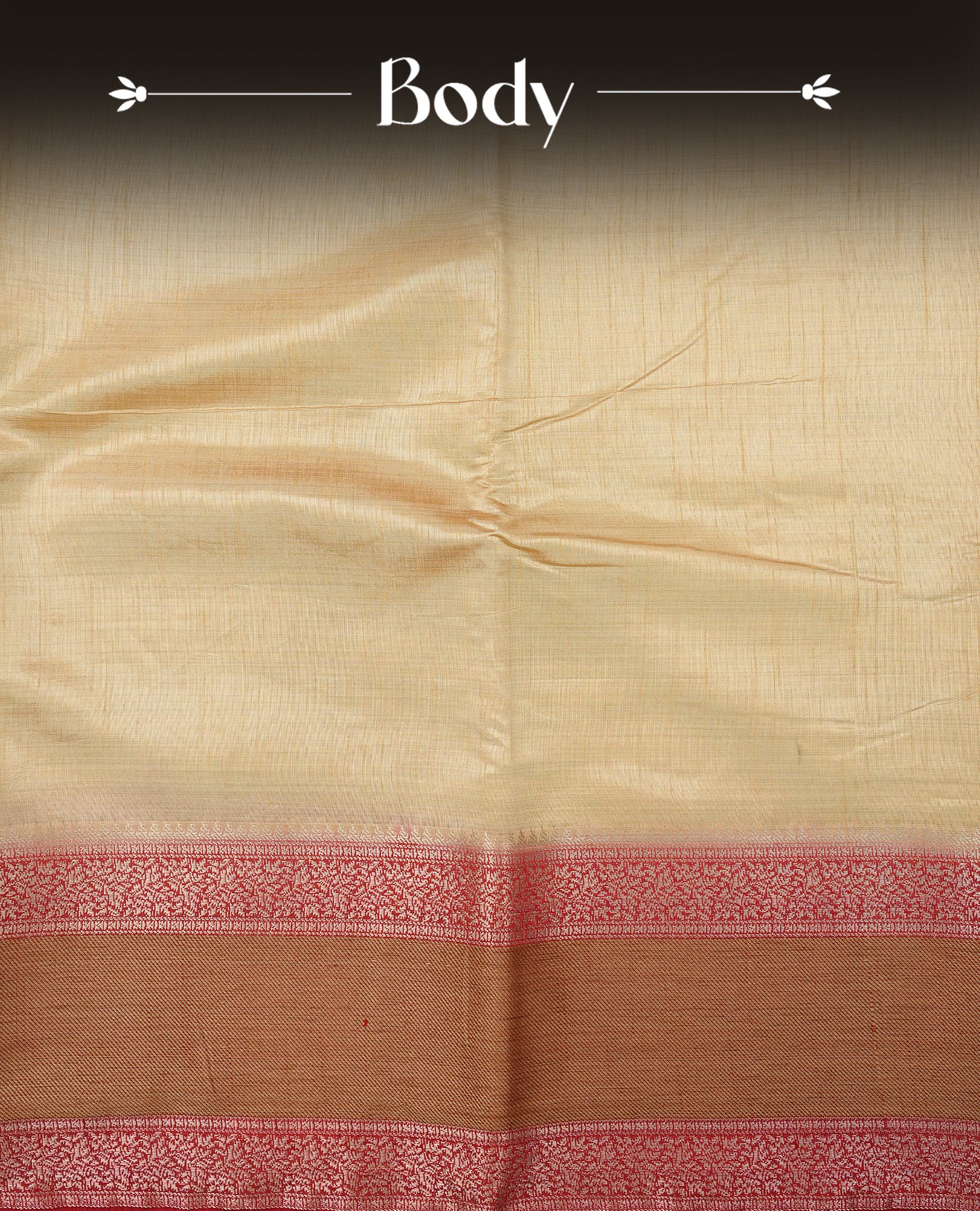 Light Gold Tussar saree featuring Gold zari buttas on body, complemented by contrast Maroon & olive Colour with Gold zari border, comes with matching blouse piece.