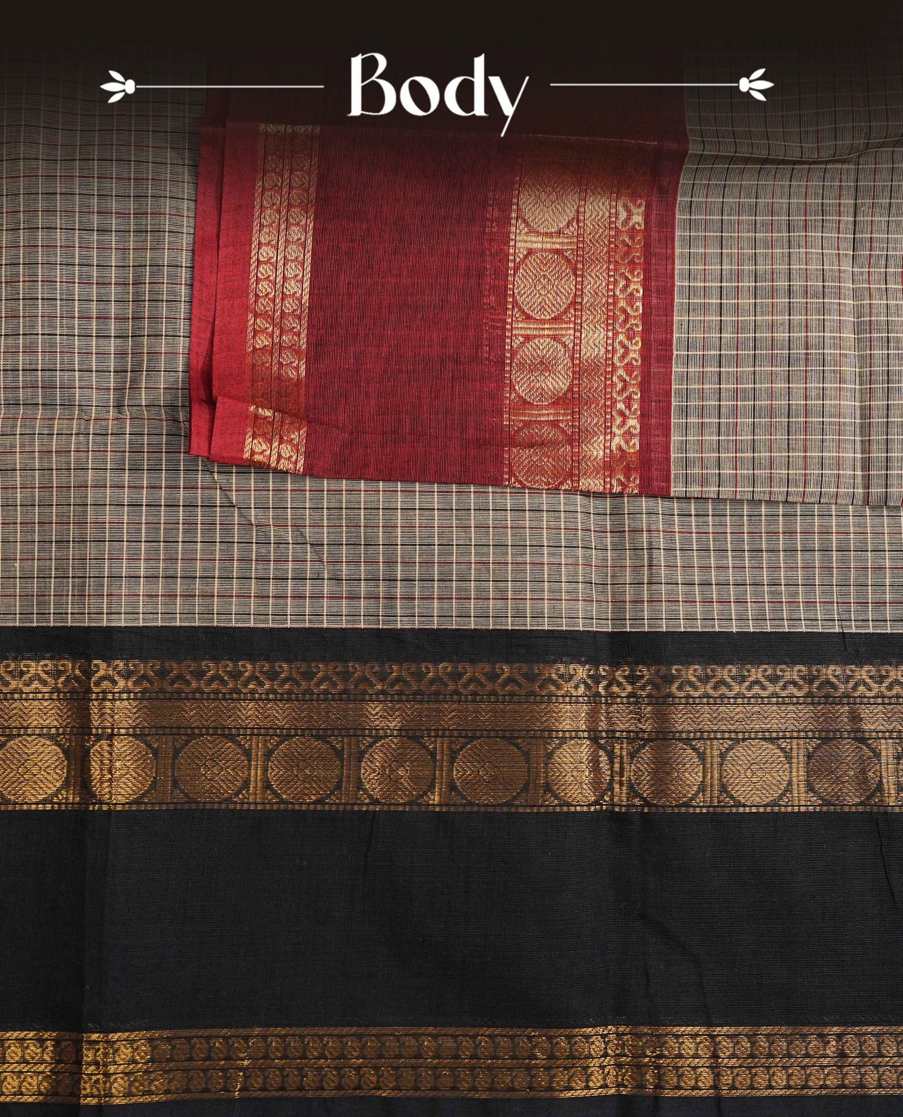 Grey colour chettinad cotton saree Featuring Gold zari check pattern on body, complemented by contrast black colour with zari border, comes with matching blouse piece.