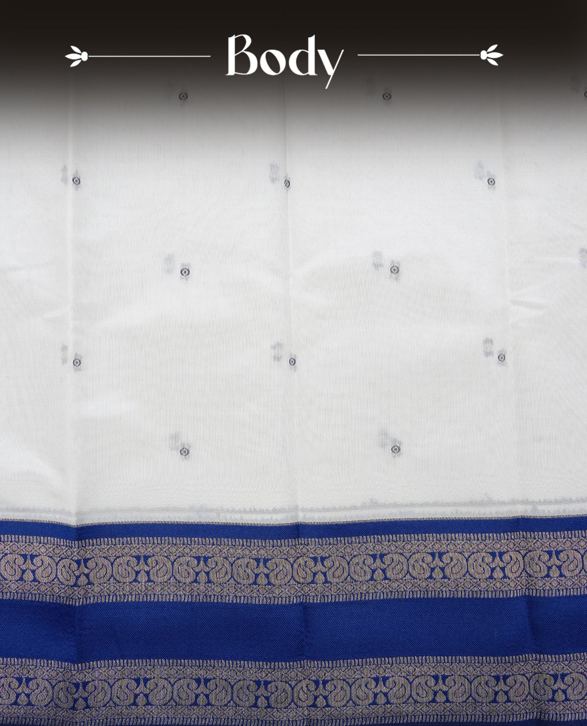 Off White Colour Semi Silk Saree Featuring Navy thread buttas On Body, Highlighted by contrast border with circle motifs, paired with matching blouse piece.