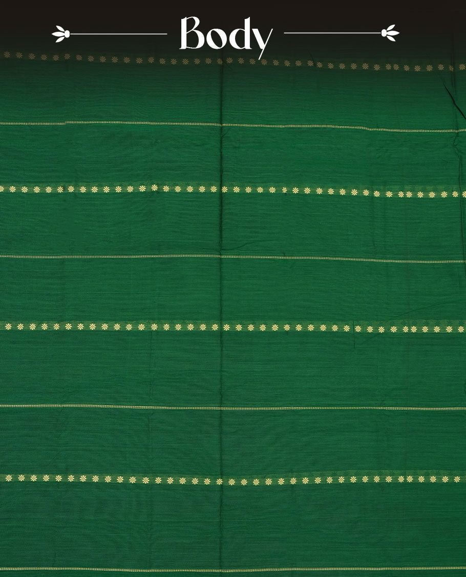 Green colour Narayanapattu cotton saree featuring a cream colour stripped body, contrast black colour with Cream zari border and pallu, pairing a matching blouse piece.