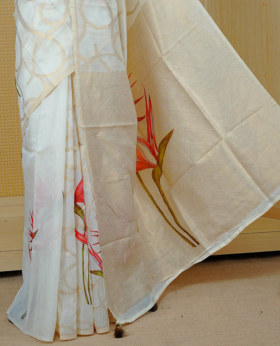 Cream colour Kerala saree featuring Light Gold Zari pattern, Red floral printed border & zari Border, pallu ,comes with matching blouse piece.