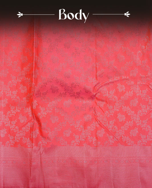 Pink & red colour semi silk saree featuring antique zari kodi patterns on body, contrast self colour with traditional border on body, grand pallu comes with matching blouse piece