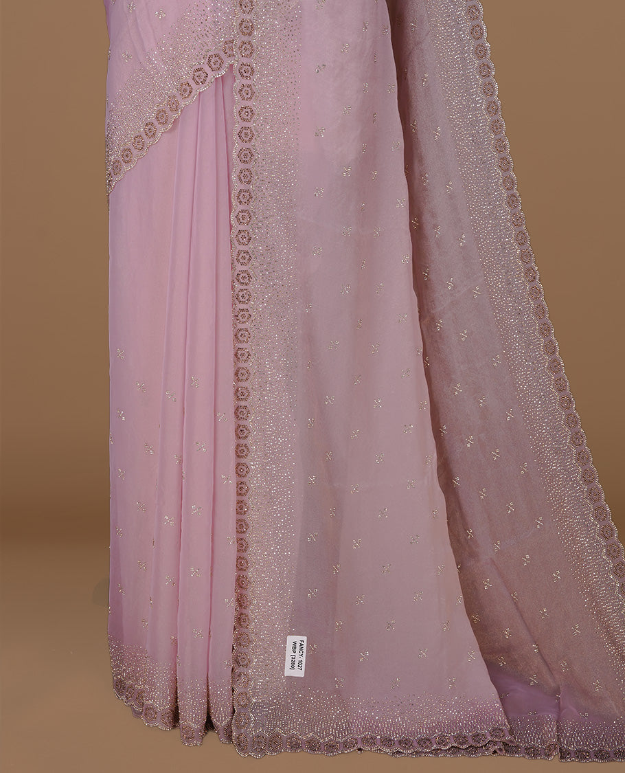 Pink colour designer saree featuring gold & white stone worked body and border, paired with matching blouse piece.