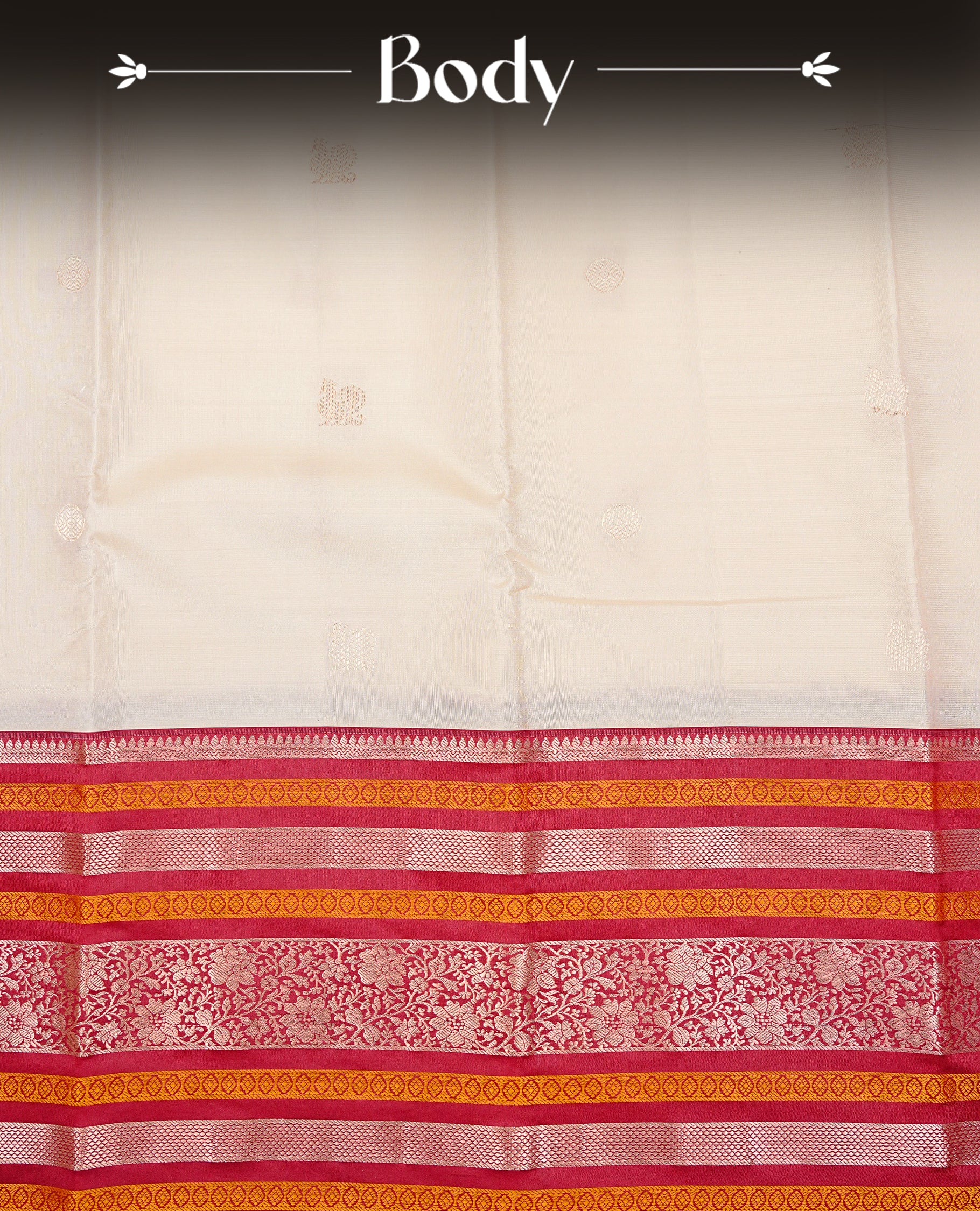 Cream colour kancheepuram silk saree featuring Gold zari peacock Motifs on body, highlight Maroon colour with gold zari & mustard stripe pattern border, paired with a matching blouse piece.