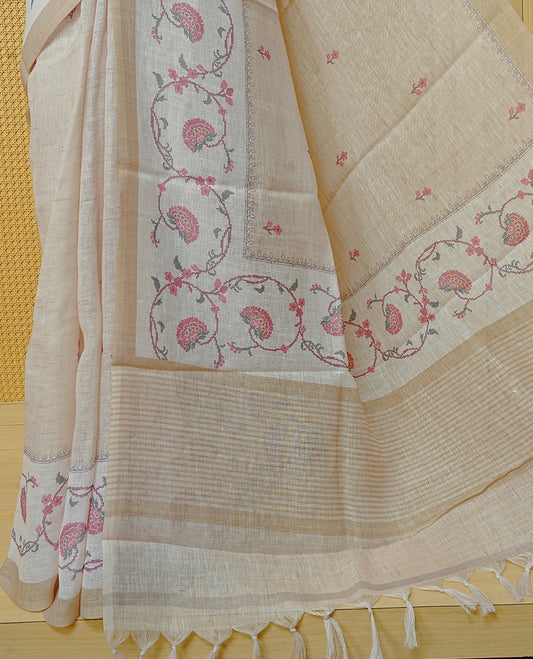 Cream colour semi linen saree featuring Floral printed buttas on body, complemented by contrast Pale Yellow colour border, comes with matching blouse piece.