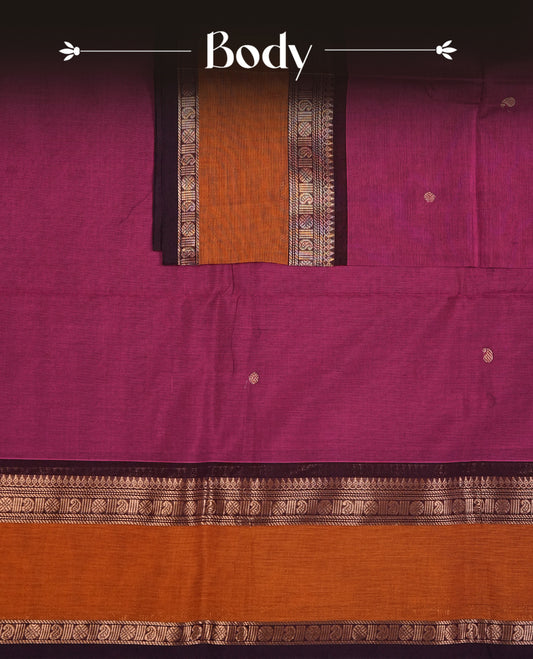 Magenta Colour Chettinad Cotton Saree Featuring Gold Zari Mango Motifs on the Body, Complemented by a Contrast Dark Wine & Mustard Yellow Colour Border with Gold Zari Design and a Contrast Grand Gold Zari Pallu, Paired with a Matching Blouse Piece.
