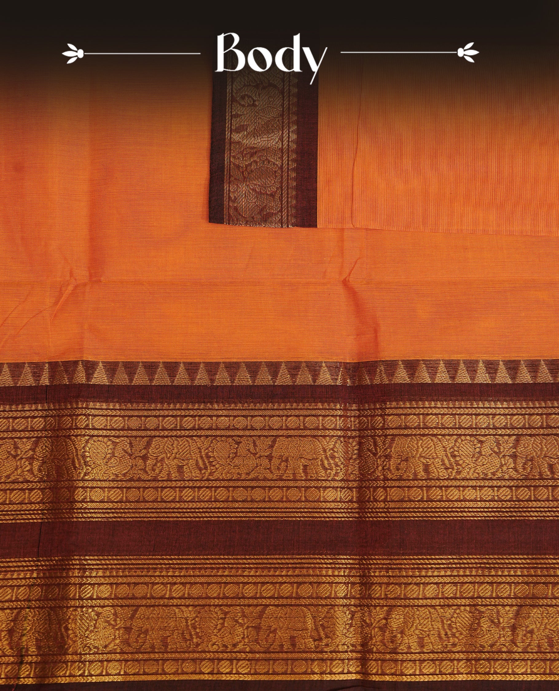 Orange colour chettinad cotton saree featuring Elegant plain body,contrast Maroon colour with Gold zari border, comes with matching blouse piece.