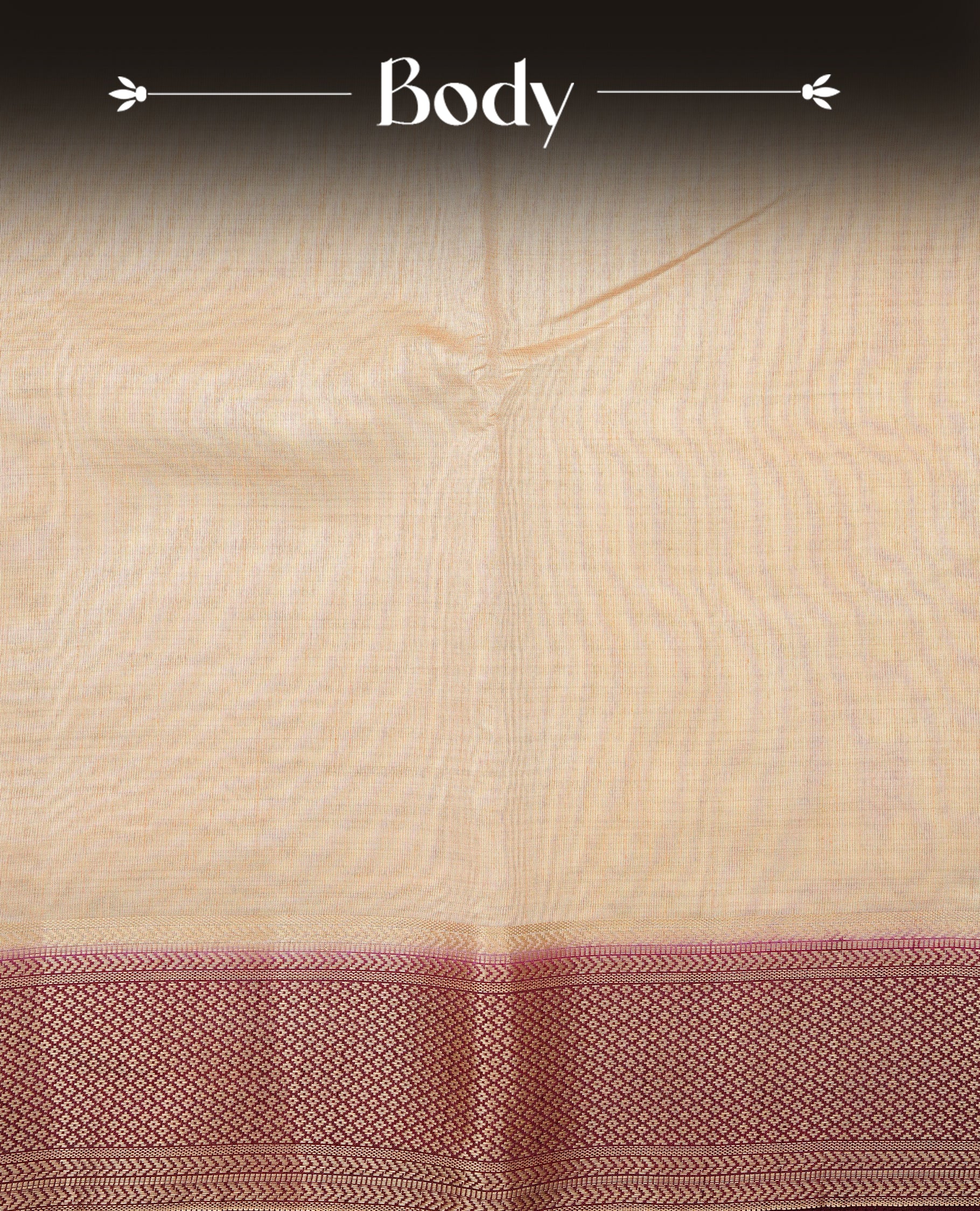 Cream colour Semi Tussar silk saree featuring an elegant plain body, accentuated by a contrast Chocolate border adorned with intricate gold zari work, paired with a matching blouse piece.
