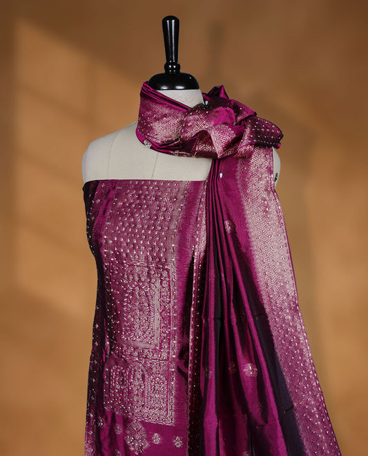 Wine colour semi silk salwar material banarasi design highlighting stone work and dupatta, matching plain bottom