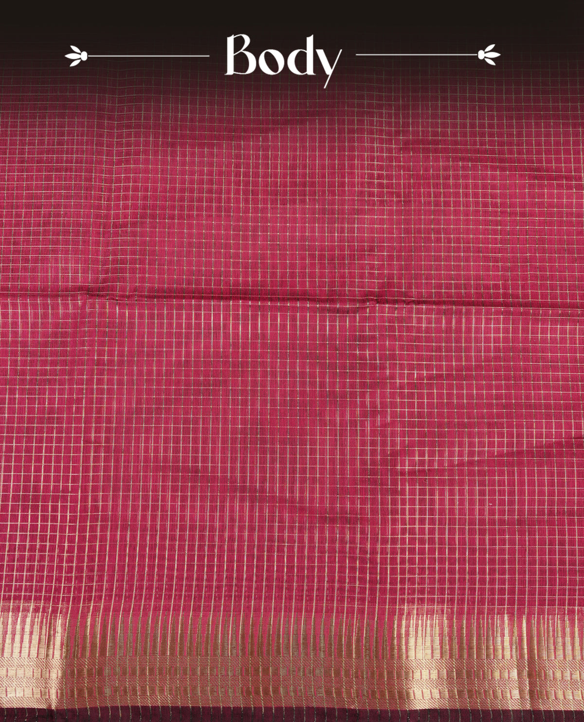 Dark magenta colour Maheshwari cotton saree, gold zari small checks on body, complement self colour gold zari temple design border comes with matching blouse.