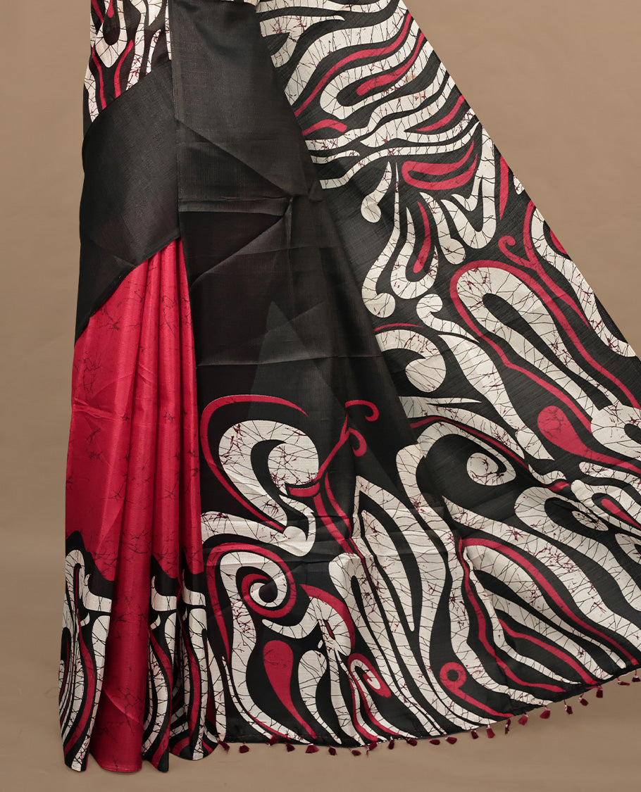 Red With Black Colour Khadi silk saree Featuring Abstract Print Patterned & Curved Wave Like Line Detailed Body, Paired with matching blouse piece.