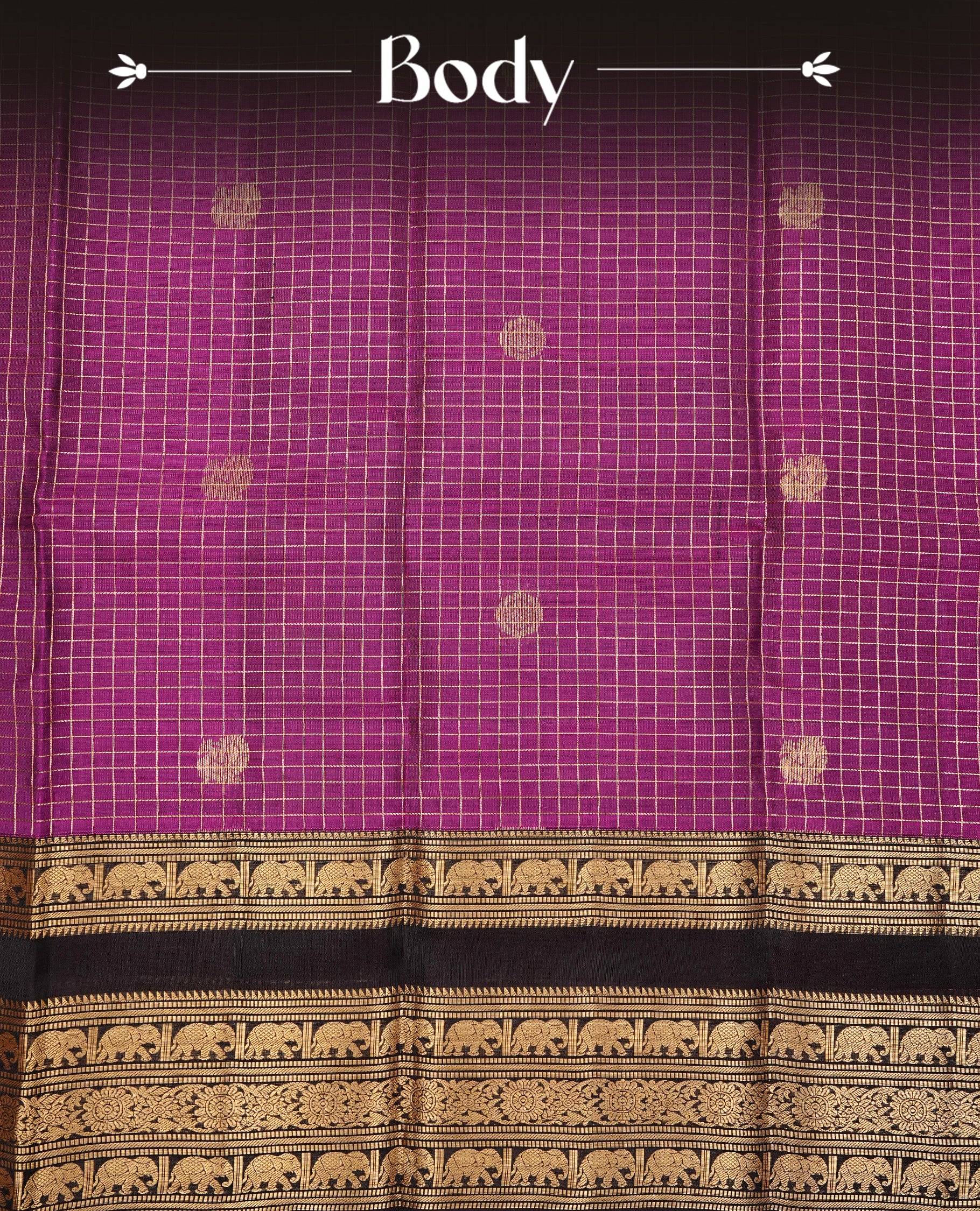 Purple colour Kancheepuram silk saree featuring Gold zari check with Chakra Motifs on body, complemented by chocolate colour with Traditional border, comes with matching blouse piece.