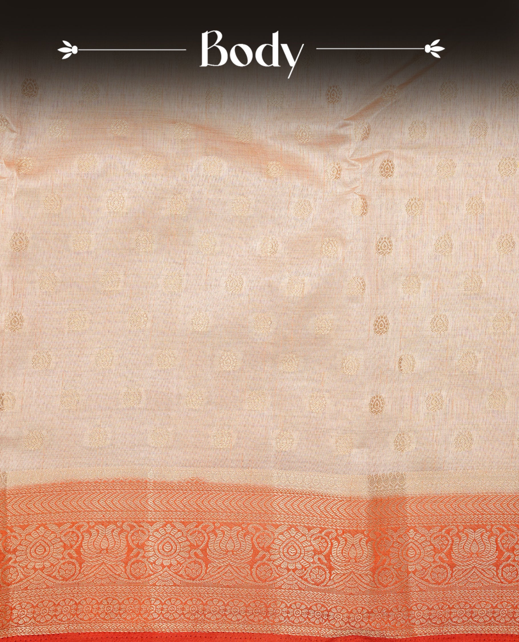 Light Gold Tussar saree featuring Gold zari buttas on body, complemented by contrast orange Colour with Gold zari border, comes with matching blouse piece.