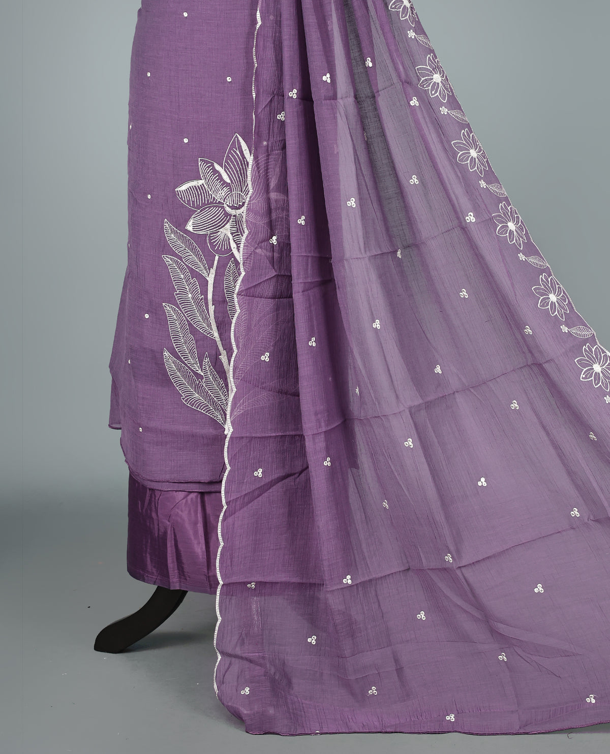 Lavender Purple Colour Mul Chanderi Salwar Material Featuring Elegant White Floral Thread Embroidery on the Kurta, paired with a matching bottom & graceful embroidered Dupatta.