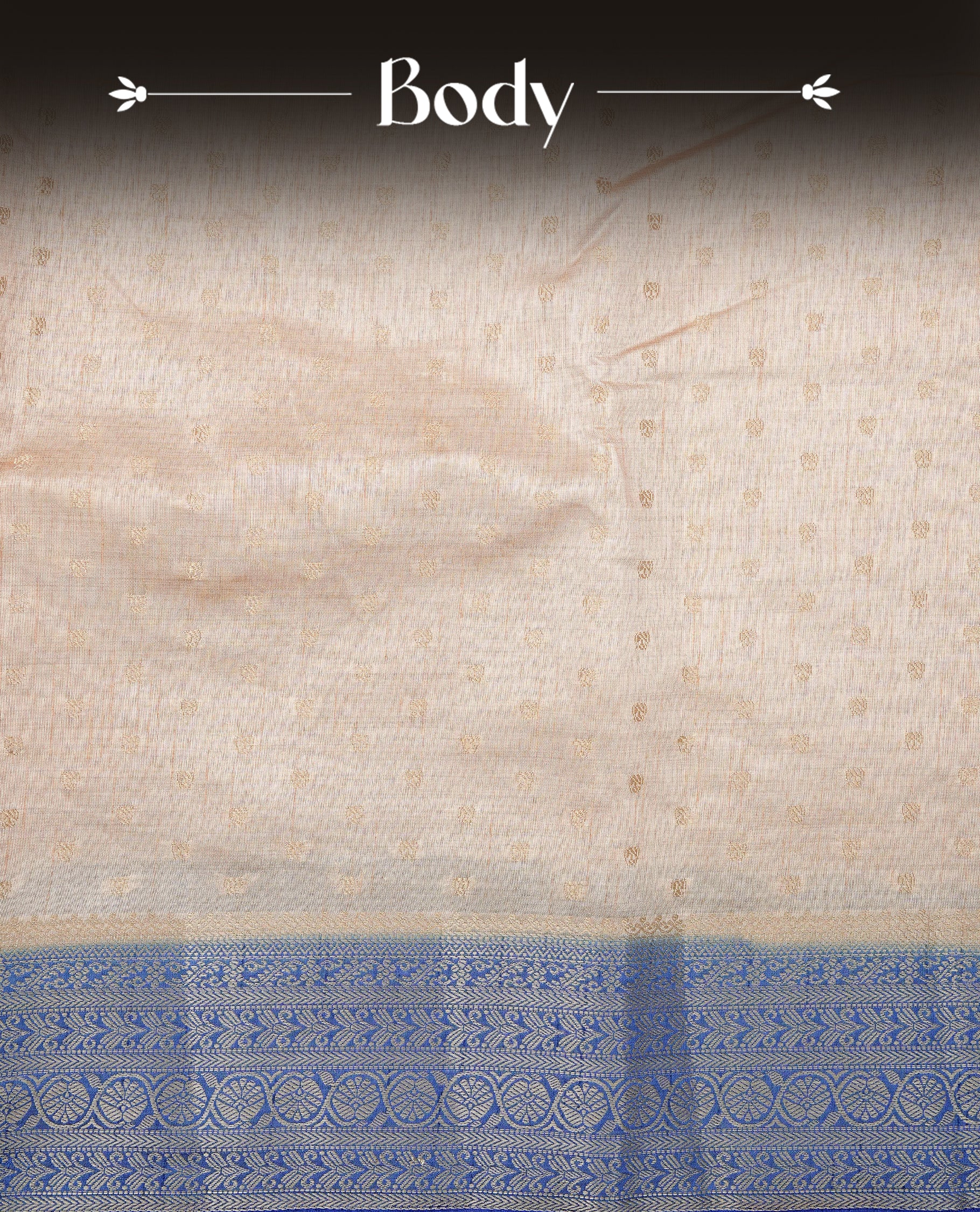 Light Gold Tussar saree featuring Gold zari buttas on body, complemented by contrast Blue Colour with Gold zari border, comes with matching blouse piece.