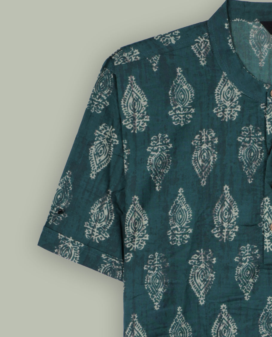 Teal colour shirt featuring traditional off white handblock motifs all over & Styled with a chinese collar, short sleeves, and stylish buttons.
