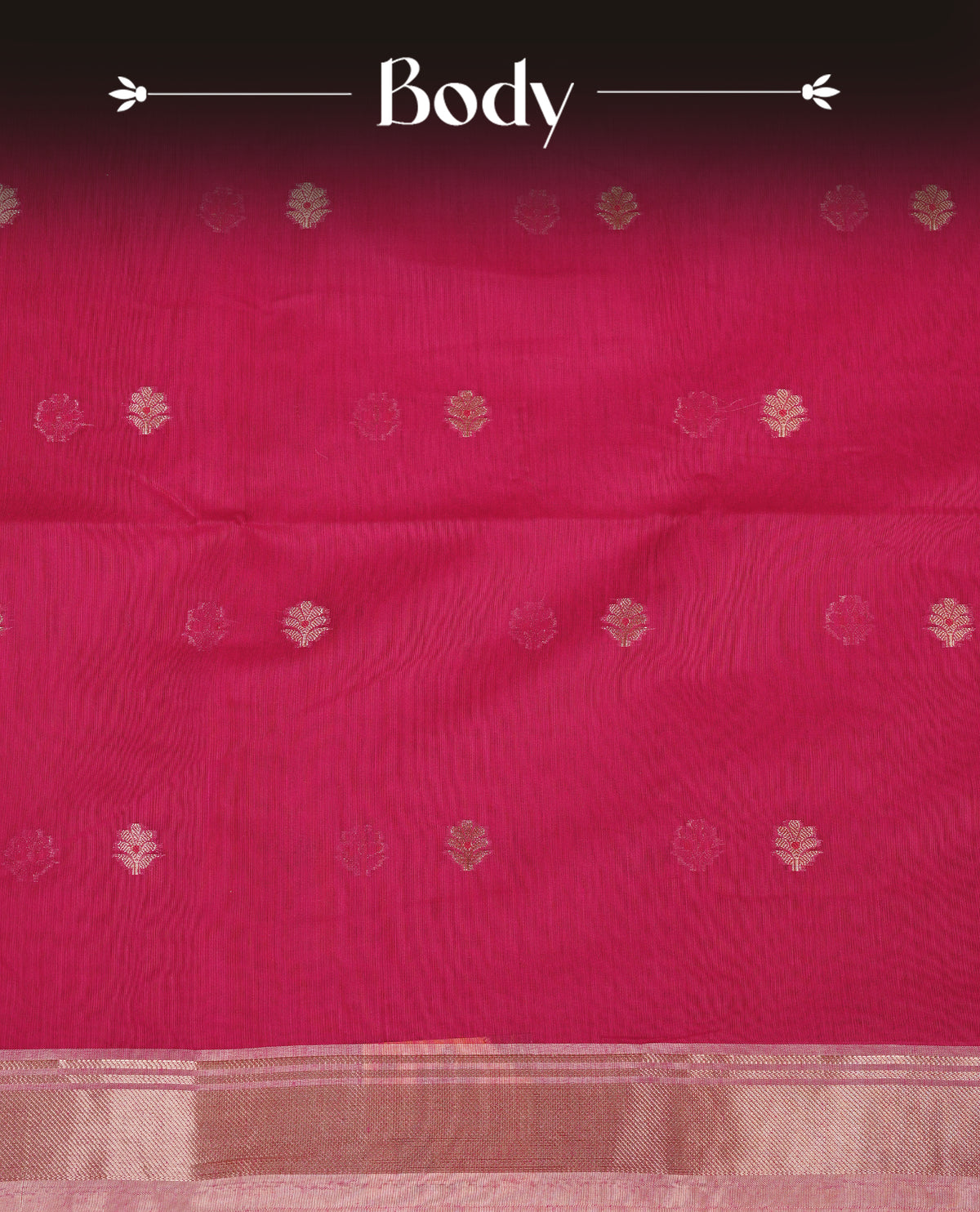Rani pink colour Maheshwari cotton saree, gold zari floral motifs on body, complement light pink colour gold zari border comes with matching blouse.