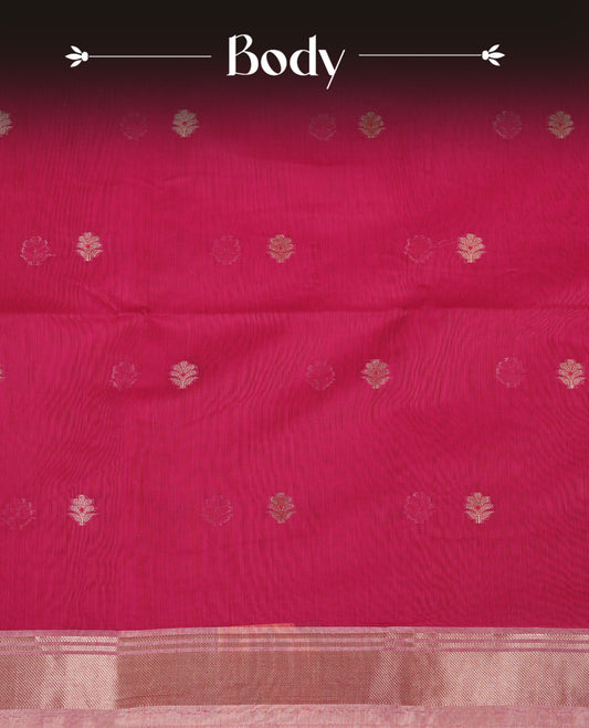 Rani pink colour Maheshwari cotton saree, gold zari floral motifs on body, complement light pink colour gold zari border comes with matching blouse.