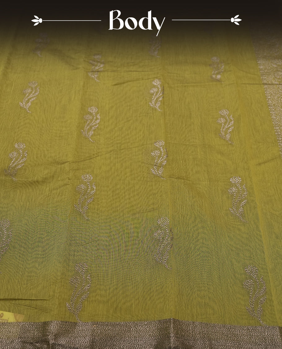 Light Bronze Green Colour Silk Cotton Saree with Dark Silver Floral Butta Body, Contrasting Dark Silver Zari Pallu & Border, Floral Vine Motifs, and Matching Plain Woven Blouse Piece