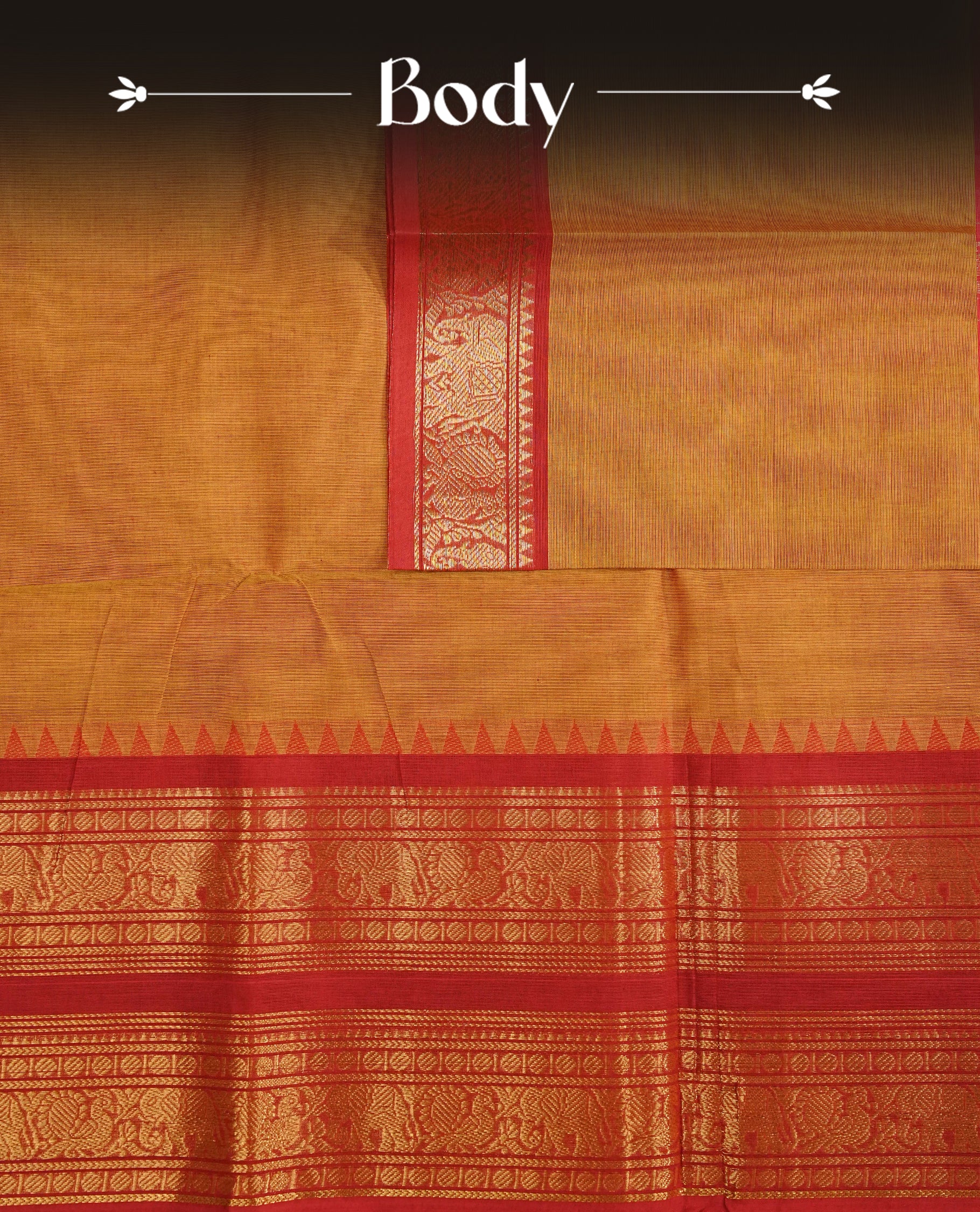 Mustard Yellow Colour Chettinad Cotton Saree Featuring a Plain Body, Complemented by a Red Colour with Grand Gold Zari Border and a Contrast Striped Pallu, Paired with a Matching Blouse Piece.