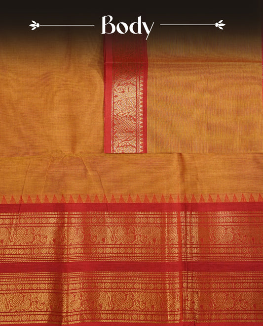 Mustard Yellow Colour Chettinad Cotton Saree Featuring a Plain Body, Complemented by a Red Colour with Grand Gold Zari Border and a Contrast Striped Pallu, Paired with a Matching Blouse Piece.
