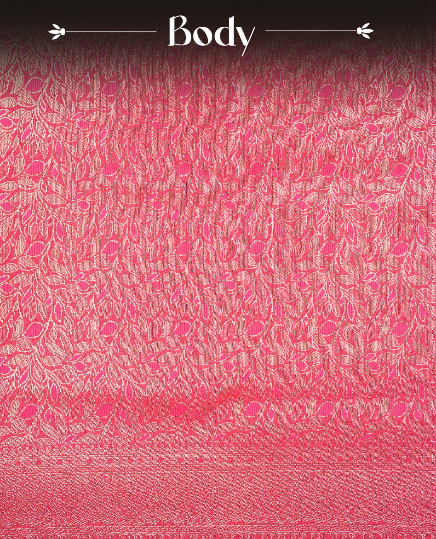 Rani Pink Colour Softie Silk Saree Featuring An All Over Gold Woven Leaf Pattern, Finished With A Matching Border Adorned With Intricate Paisley And Floral Motifs, Paired With A Matching Blouse Piece.