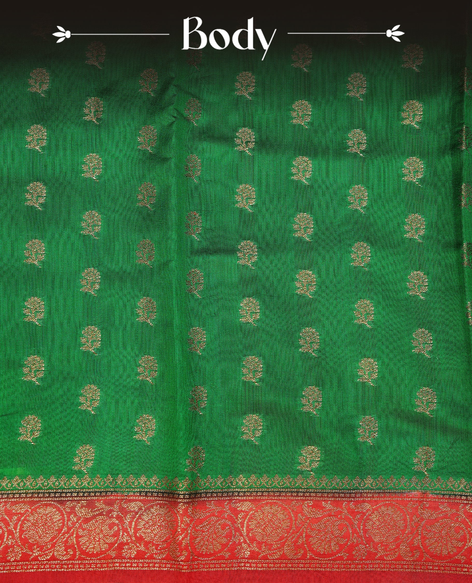 Green colour Banaras tussar silk saree featuring elegant gold zari buttas across the body, complemented by a contrast Red border with rich zari detailing. Comes paired with a matching blouse piece.