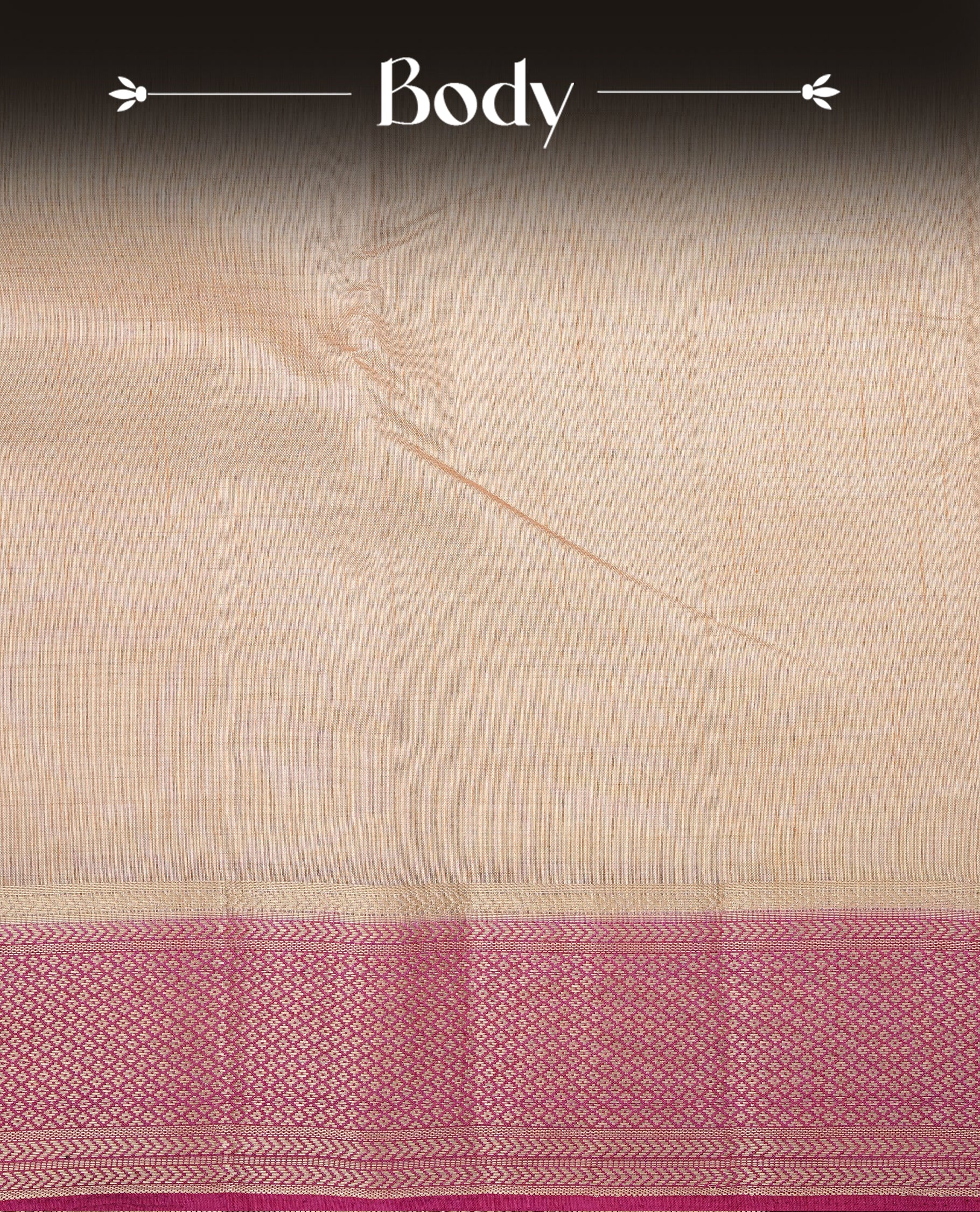 Light Gold Tussar saree featuring Gold zari buttas on body, complemented by contrast Magenta Colour with Gold zari border, comes with matching blouse piece.