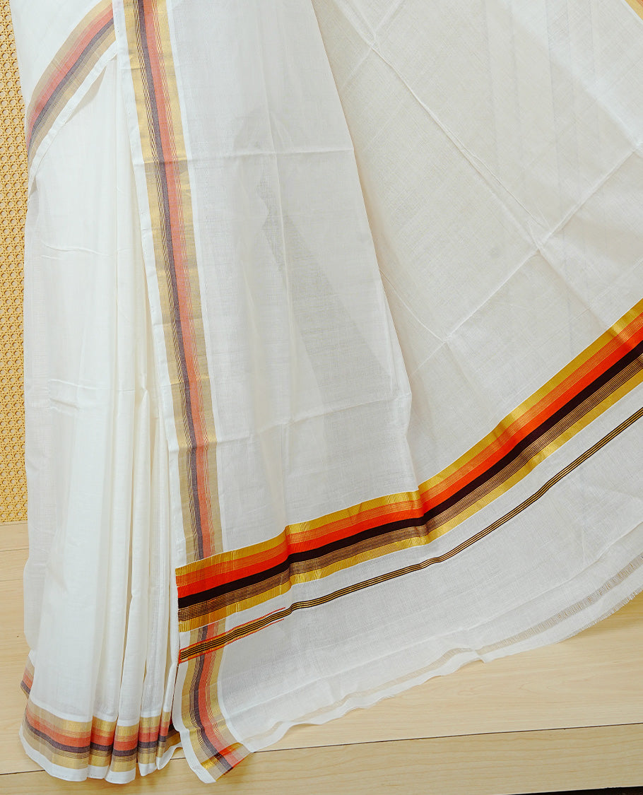 Cream colour Cotton kerala saree featuring Classy Plain body, complemented by Gold with Brown  & Orange zari border & Pallu, paired with matching blouse piece.