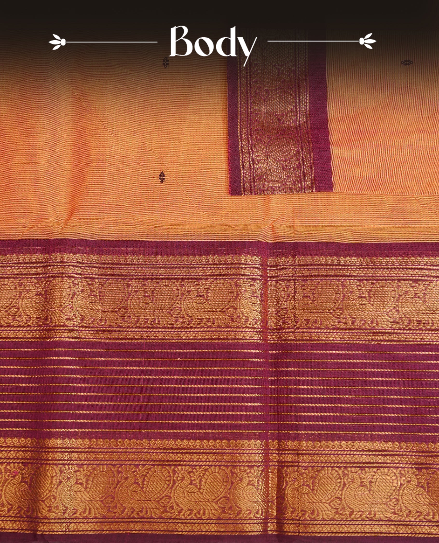 Mustard Colour Chettinad Cotton Saree Featuring Elegant plain Body, Complemented by a Maroon Border with gold zari strips & Peacock pattern, Paired with a Matching Blouse Piece.