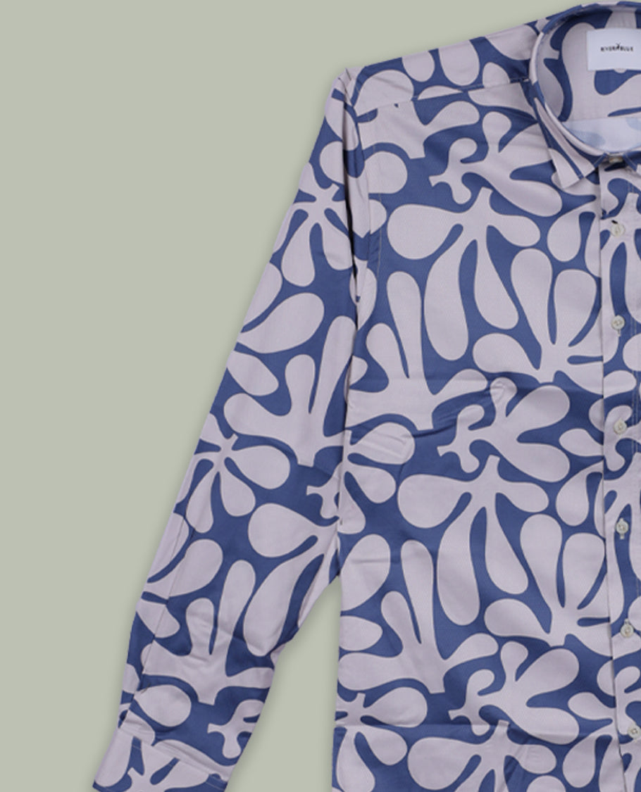 Blue colour shirt featuring a subtle self print design, Designed with a classic collar and full sleeves, it blends effortless style with everyday comfort.