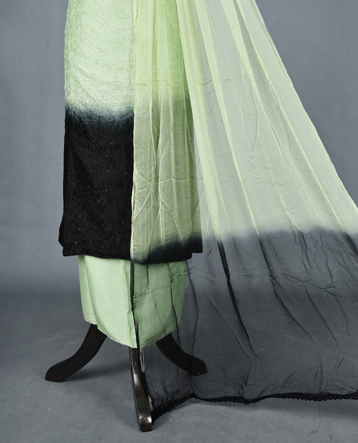 Pista Green & Black Ombre Colour  Salwar Material Featuring Elegant Self Thread Embroidery on the Kurta, paired with a matching bottom & graceful shaded Dupatta.