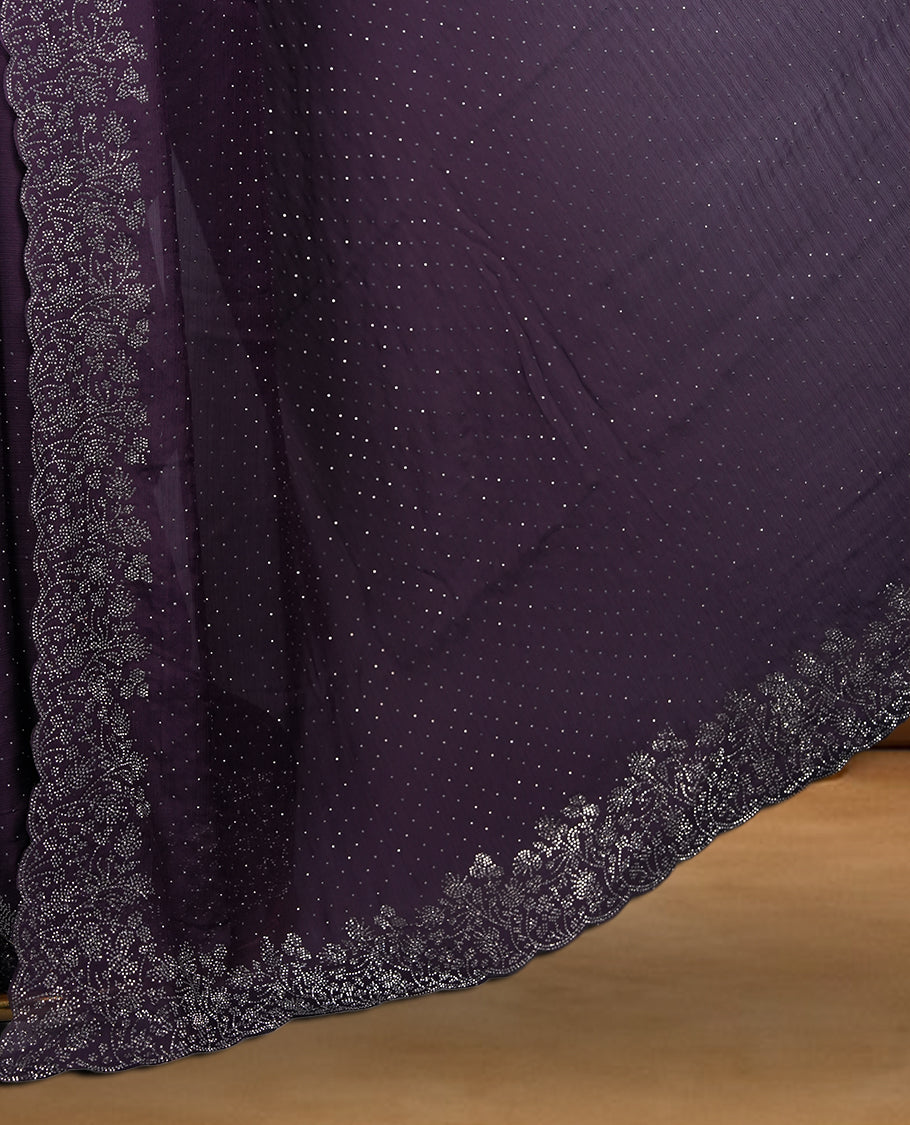Dark Purple Colour Chiffon Designer Saree featuring Delicate White Stone Work All Over the Body, with Stone Detailing on the Border and Pallu, paired with a Matching Blouse.
