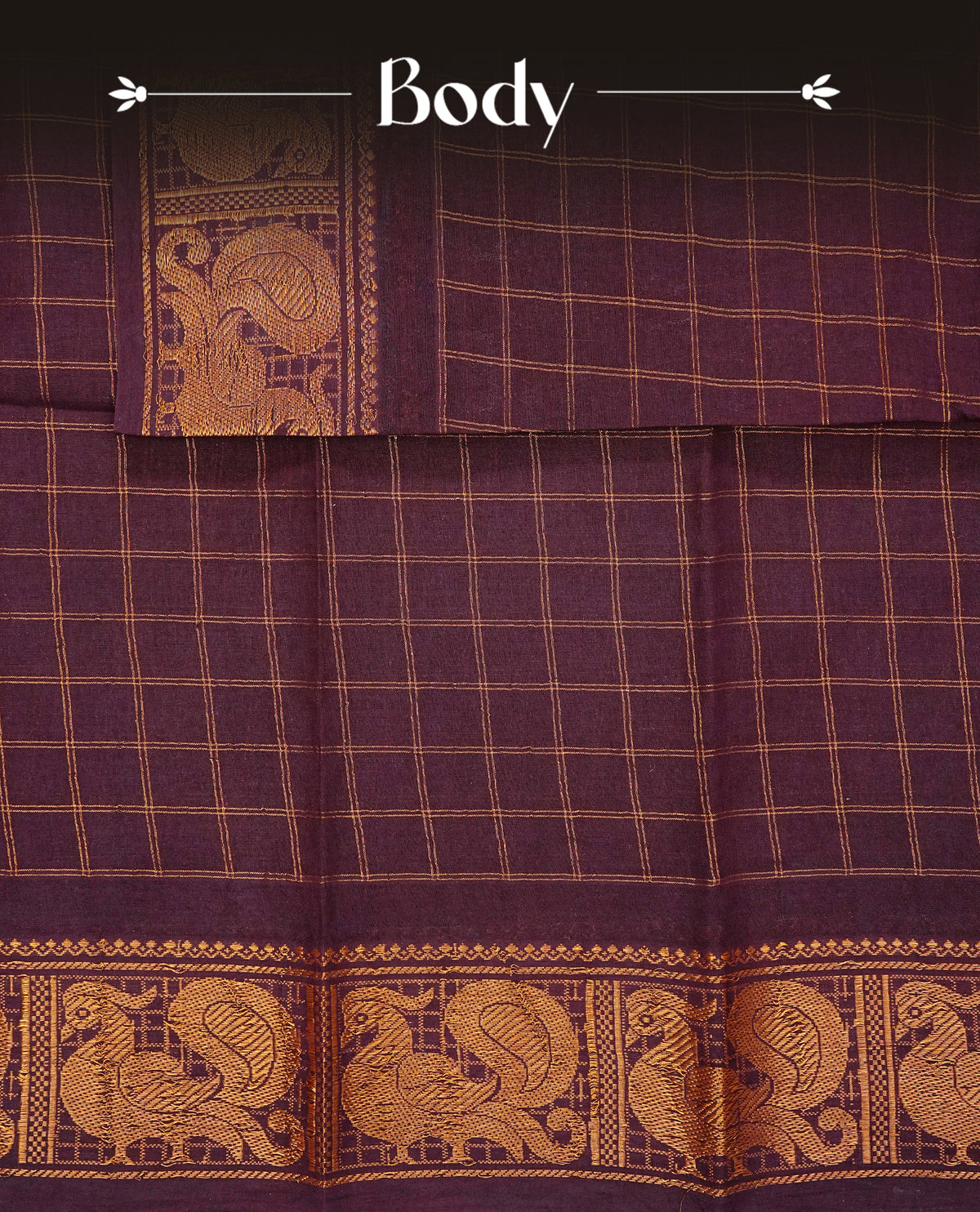 Chocolate brown Colour Sungudi Cotton saree featuring elegant gold zari checks on  Body , complemented by a classic Gold zari peacock motifs on border and matching pallu, paired with a contrast pink blouse piece.