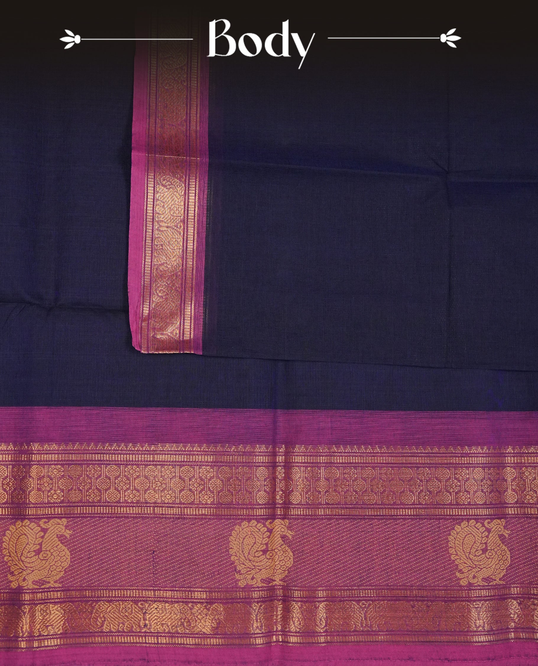 Navy Blue Colour Chettinad Cotton Saree Featuring a Plain Body, Complemented by a Pink  Colour with Grand Gold Zari Border & Contrast Striped Pallu, Paired with a Matching Blouse Piece.