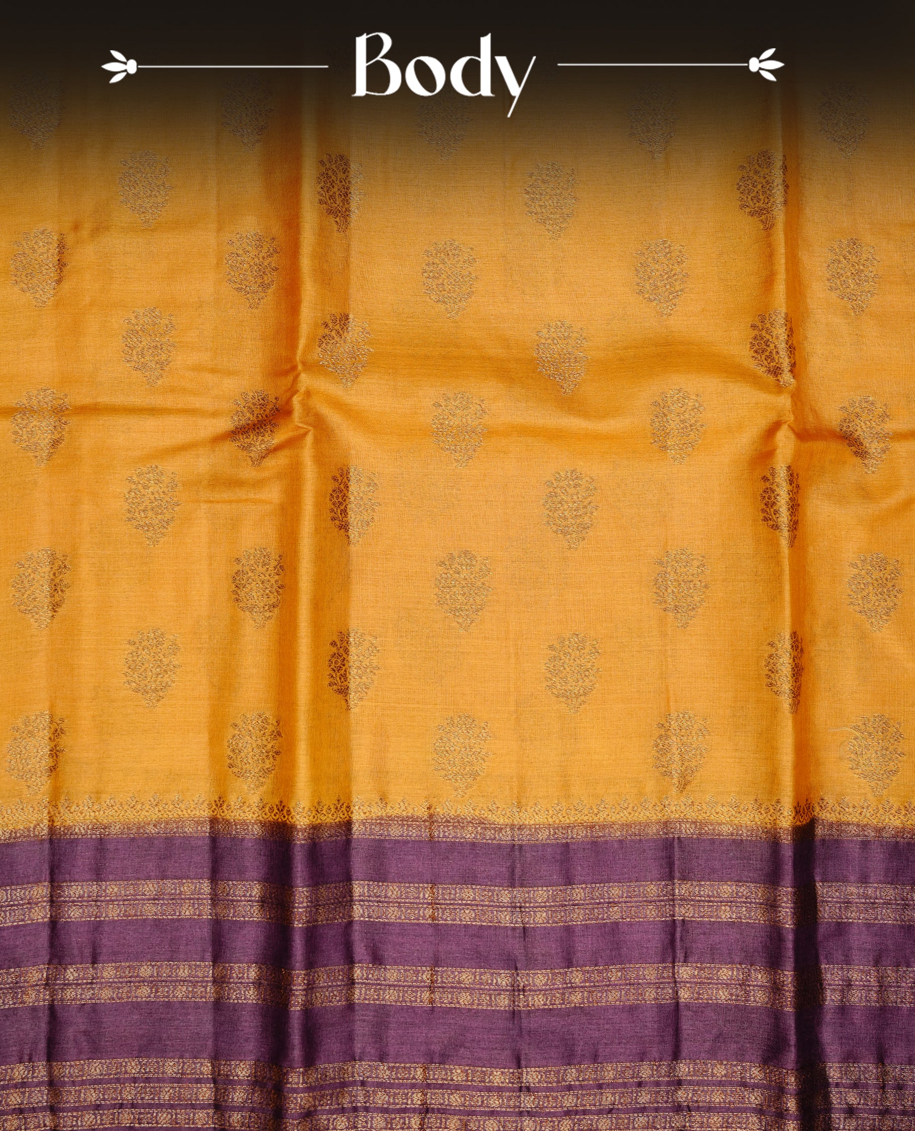 Mustard colour pure tussar banaras silk saree featuring gold zari motifs on body, highlighting contrast Purple colour with zari border, paired with matching blouse piece.