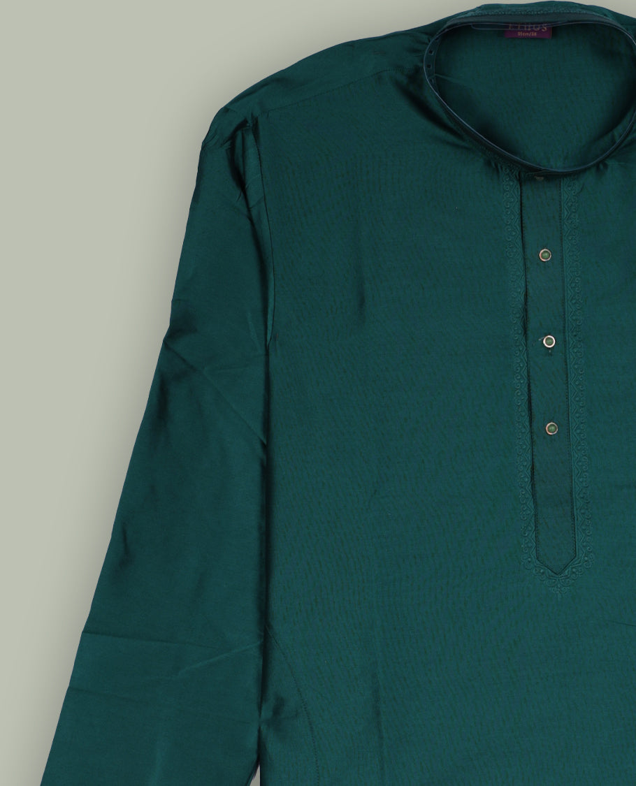 Rich teal blue colour mens kurta featuring elegant embroidery on the neckline & Crafted in a refined style with full sleeves, offering a perfect blend of tradition.