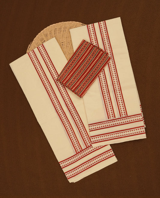 Off white colour cotton set mundu highlights brown geomteric border (2.00/2.80 MTS).
