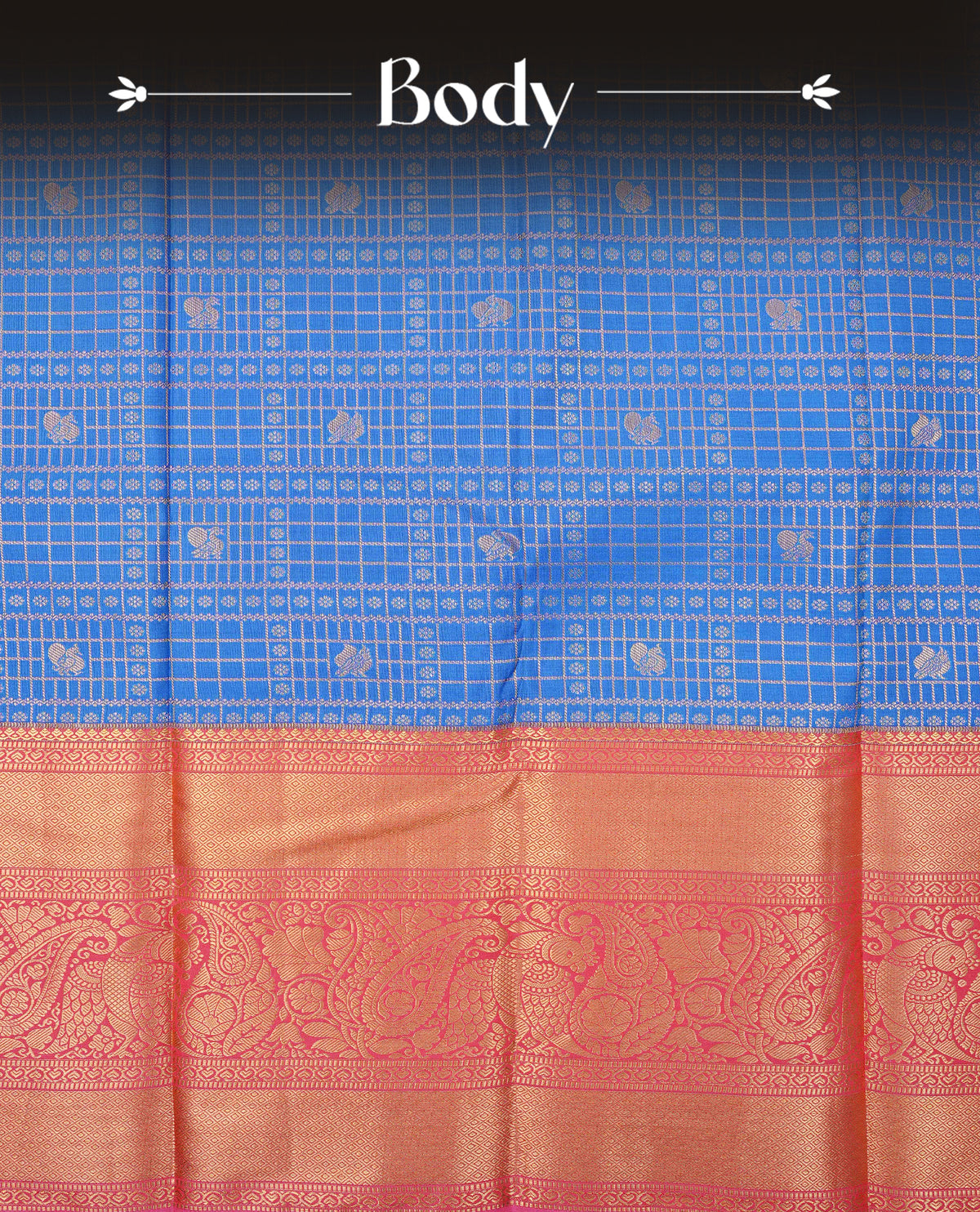 Blue colour semi wedding saree featuring gold zari check with peacocok motifs on body complemented by contrast magenta colour with traditional border, comes with matching blouse piece.