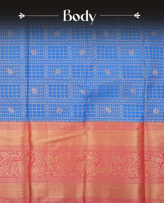 Blue colour semi wedding saree featuring gold zari check with peacocok motifs on body complemented by contrast magenta colour with traditional border, comes with matching blouse piece.