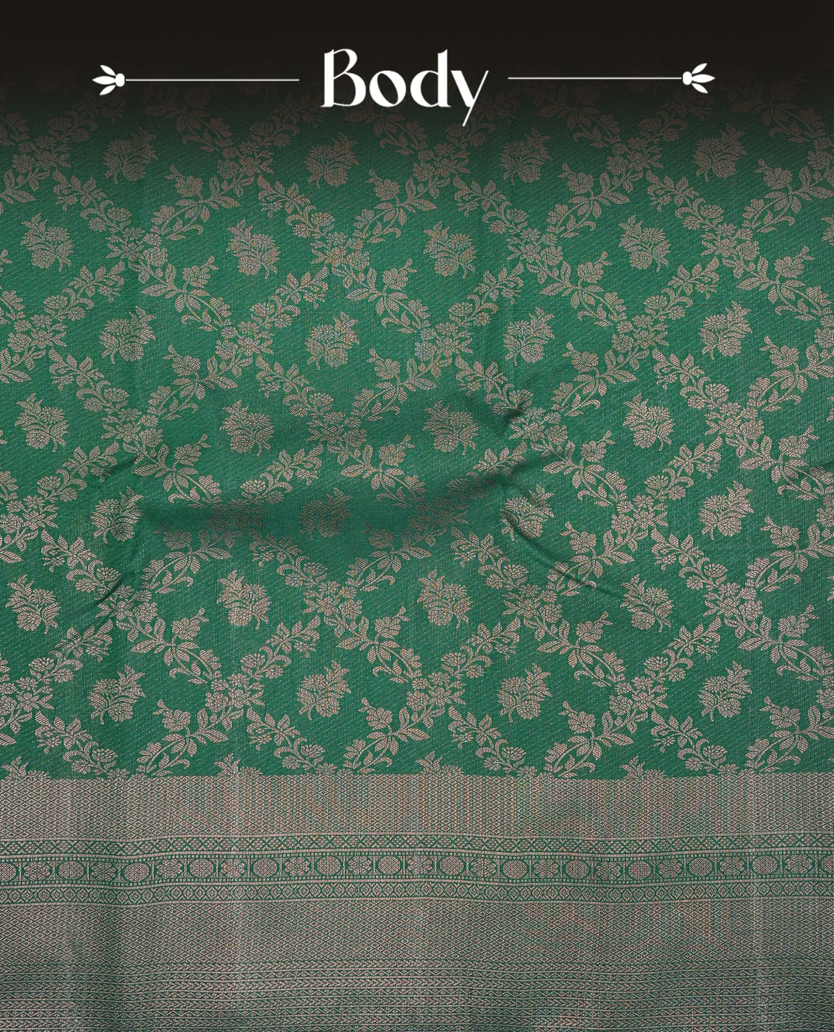 Dark green colour semi silk saree featuring antique zari kodi patterns on body, contrast self colour with traditional border on body, grand pallu comes with matching blouse piece