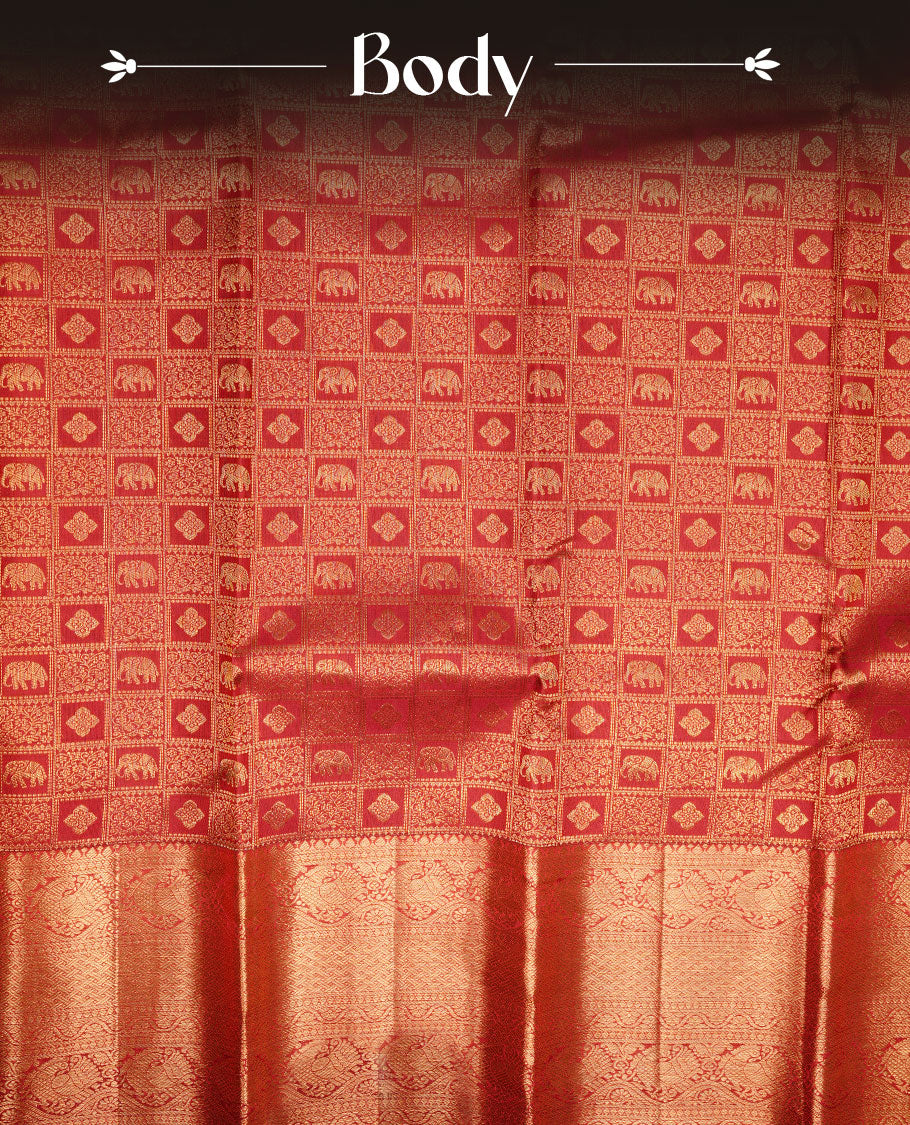 Maroon colour kancheepuram silk saree featuring gold zari check pattern across body, complemented by selfcolour border traditional zari border, paired with matching blouse piece.