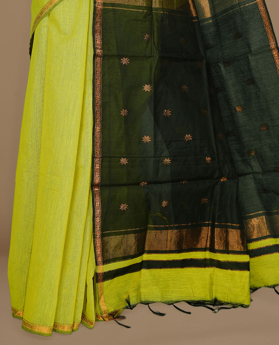 Lemon colour Mashwari cotton saree features elegant gold zari motifs across the body, a classic gold zari border, a striking contrast pallu, and a matching blouse piece.