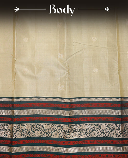 Pale Green colour kancheepuram silk saree featuring Gold zari peacock Motifs on body, highlight Green colour with gold zari & mustard stripe pattern border, paired with a matching blouse piece.