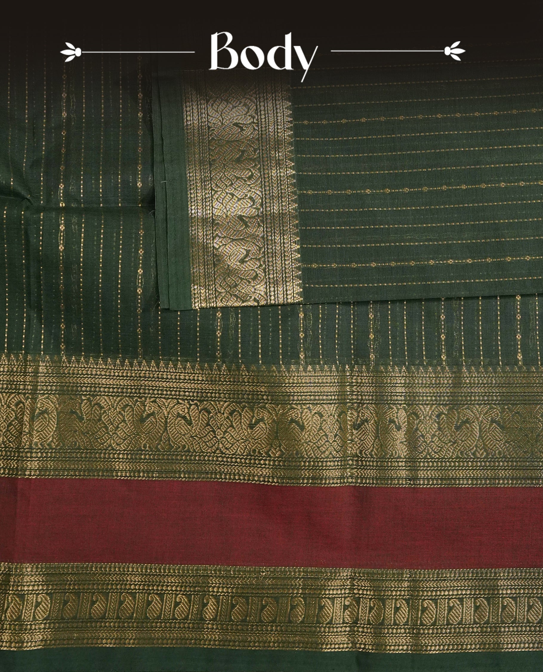 Green colour chettinad cotton saree Featuring Gold zari Strips on body, complemented by contrast Maroon colour with zari border, comes with matching blouse piece.