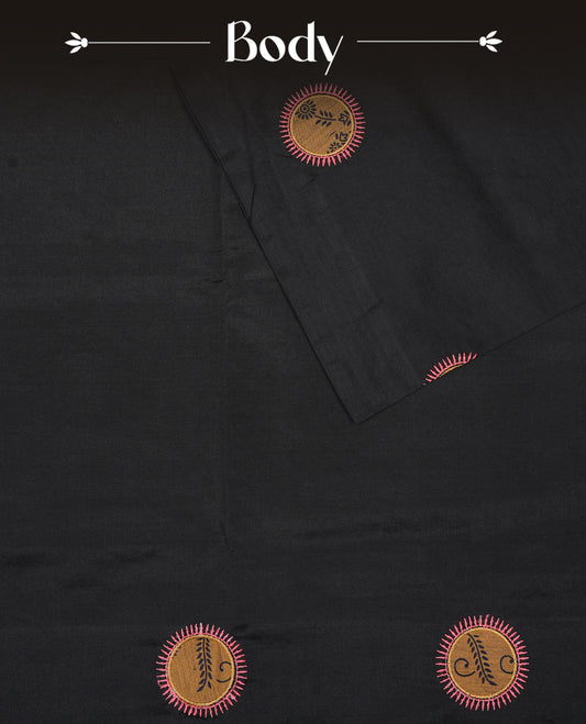 Black  colour Polycotton Saree featuring elegant circular ajrakh prints  on the body, complemented by a plain black pallu with matching motifs and tassels. Paired with a contrasting mustard printed blouse piece