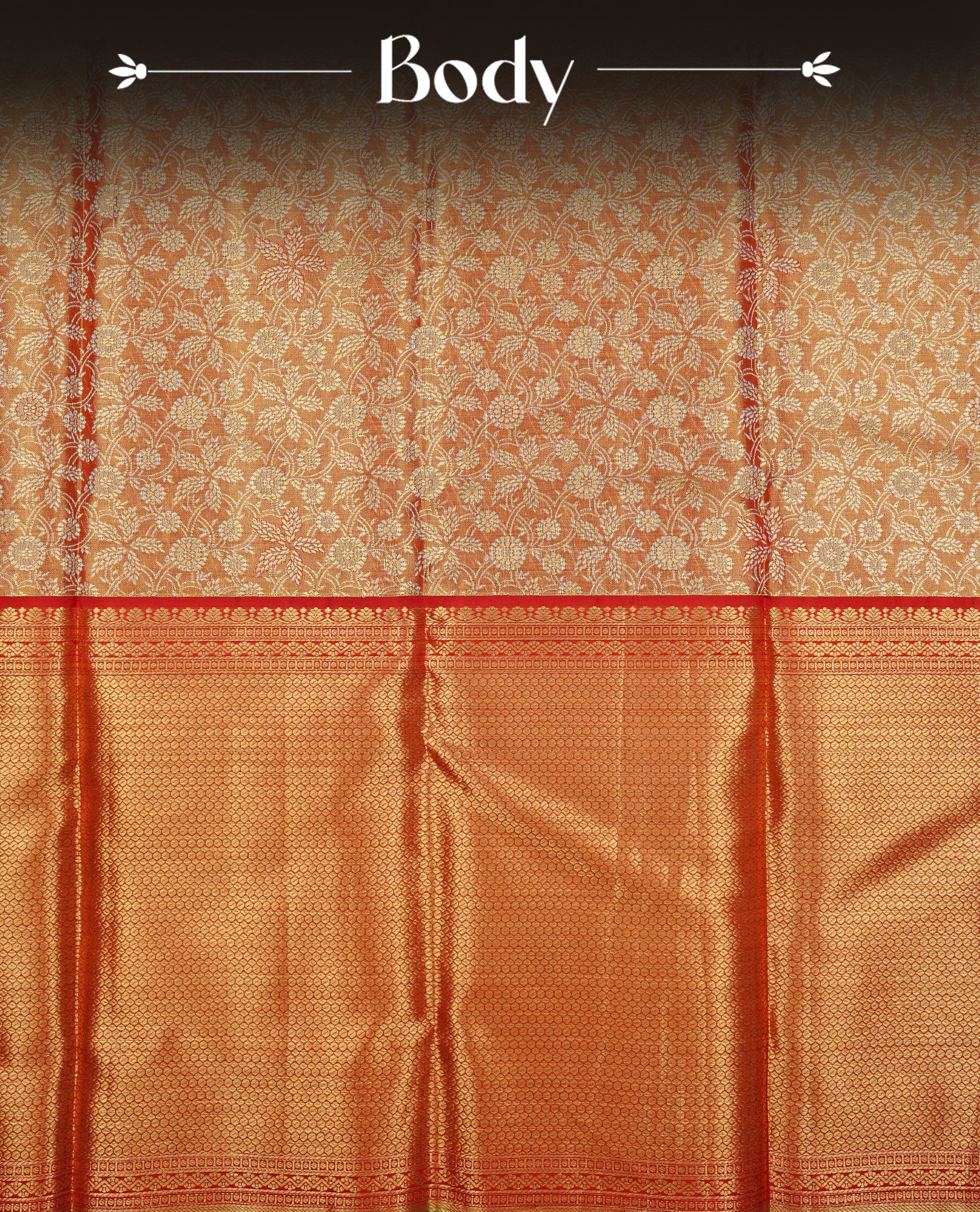 Red & Gold double shade colour Tissue silk saree featuring Silver Kodi pattern on body, complemented by Contrast Red & green With Gold Zari border, comes with matching blouse piece.